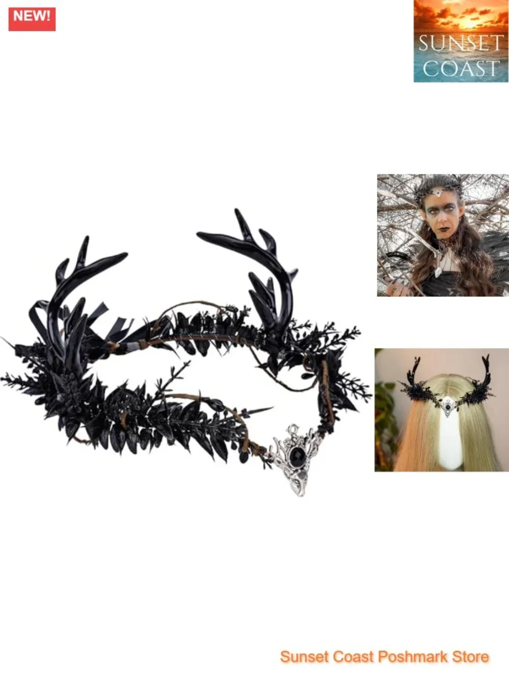 Gothic Black Antler Crown Dark Elf Headpiece Adjustable Women Costume Accessory